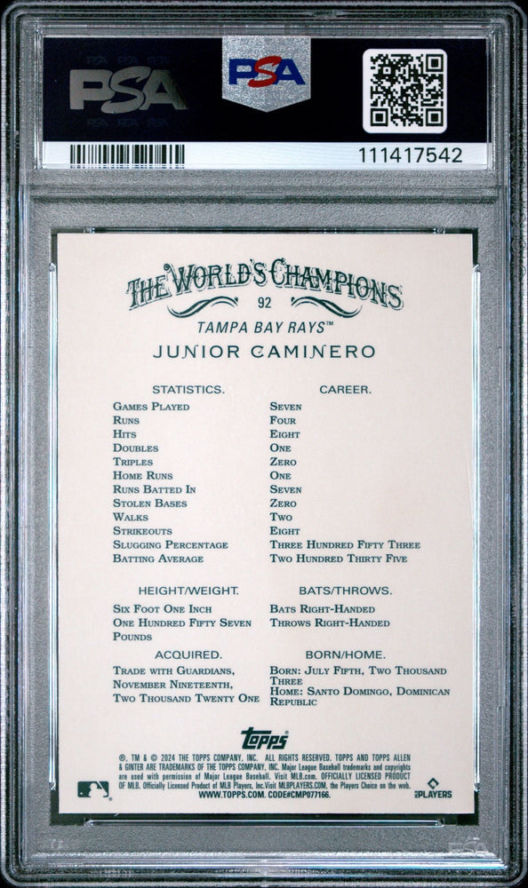 Graded 2024 Topps Allen & Ginter Junior Caminero #92 Chrome Rookie RC Baseball Card PSA 10 Gem Mint (ONLINE ORDER ONLY)