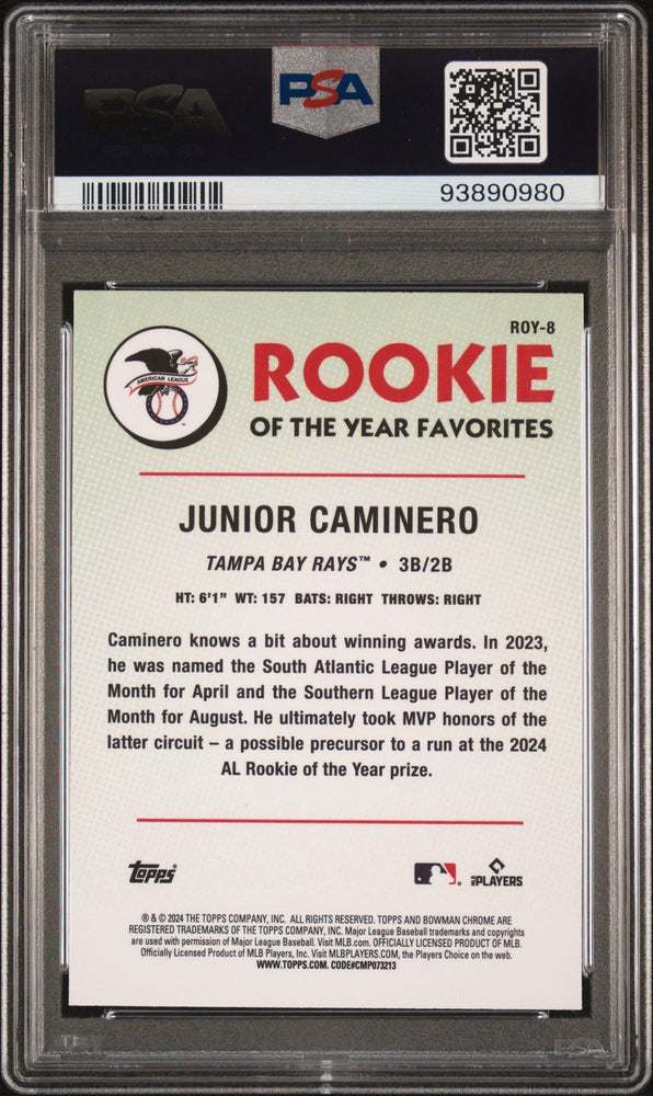 Graded 2024 Topps Bowman Chrome Junior Caminero #ROY8 Rookie of the Year Favorite RC Baseball Card PSA 10 Gem Mint (ONLINE ORDER ONLY)