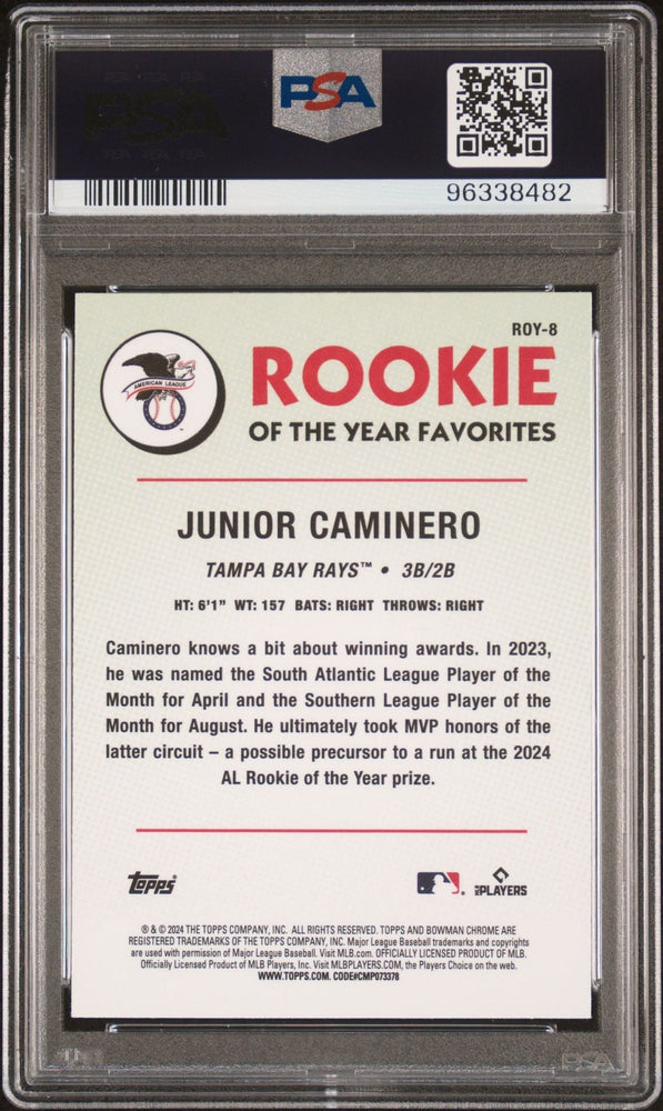 Graded 2024 Topps Bowman Mega Box M/B Junior Caminero #ROY8 Rookie of the Year Favorite RC Baseball Card PSA 10 Gem Mint (ONLINE ORDER ONLY)