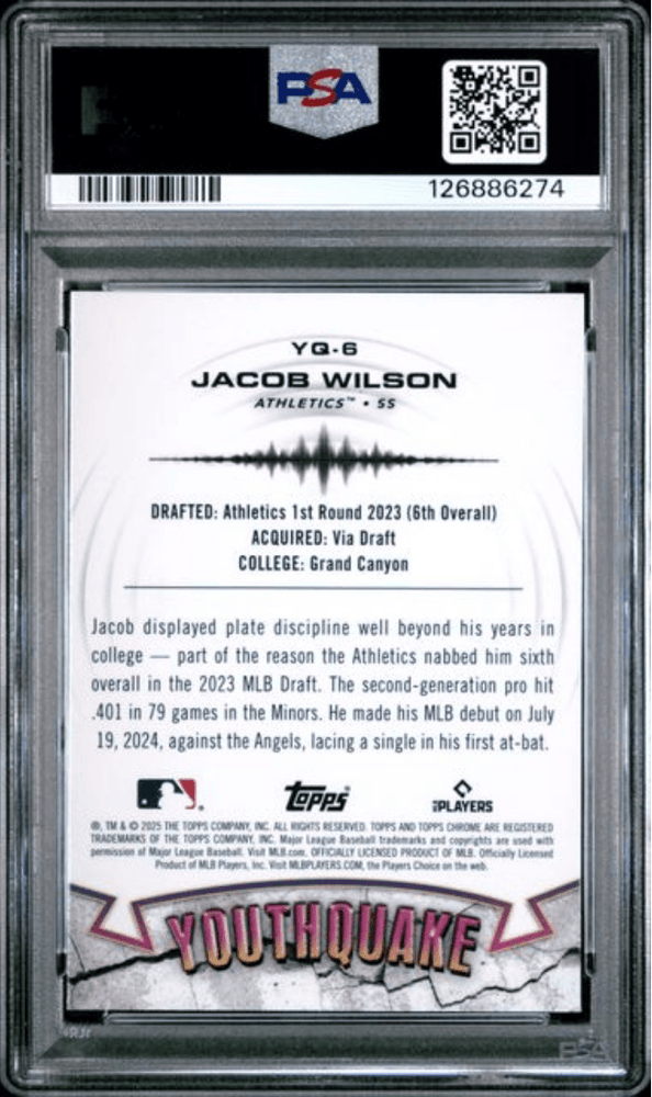 Graded 2025 Topps Chrome Jacob Wilson #YQ6 Youthquake Rookie RC Baseball Card PSA 10 Gem Mint (ONLINE ORDER ONLY)