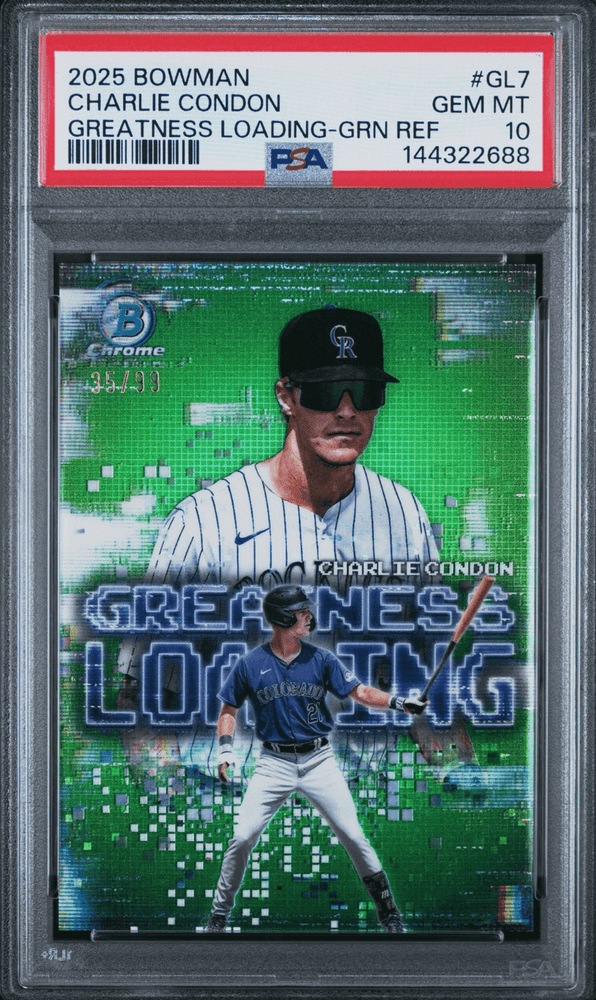 Graded 2025 Topps Bowman Charlie Condon #GL7 Greatness Loading Green Refractor /99 Rookie RC Baseball Card PSA 10 Gem Mint (ONLINE ORDER ONLY)
