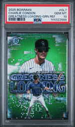 Graded 2025 Topps Bowman Charlie Condon #GL7 Greatness Loading Green Refractor /99 Rookie RC Baseball Card PSA 10 Gem Mint (ONLINE ORDER ONLY)