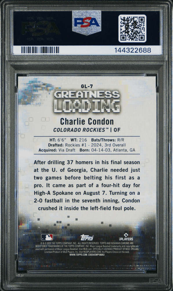 Graded 2025 Topps Bowman Charlie Condon #GL7 Greatness Loading Green Refractor /99 Rookie RC Baseball Card PSA 10 Gem Mint (ONLINE ORDER ONLY)
