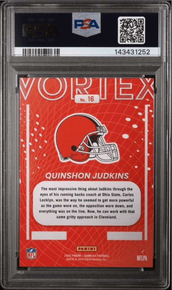 Graded 2025 Panini Donruss Quinshon Judkins #16 Vortex Rookie RC Football Card PSA 10 Gem Mint (ONLINE ORDER ONLY)