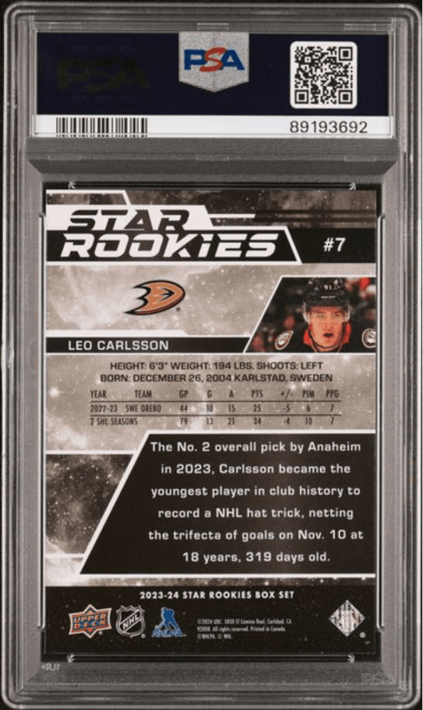 Graded 2023 Upper Deck Star Rookies Leo Carlsson #7 Box Set Rookie RC Hockey Card PSA 10 Gem Mint (ONLINE ORDER ONLY)