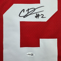 Autographed/Signed Caleb Downs Ohio State Red College Football Jersey JSA COA (ONLINE ORDER ONLY)