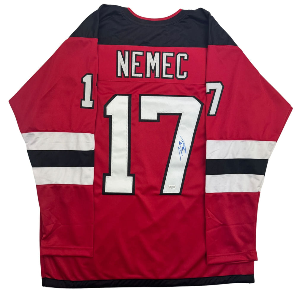 Autographed/Signed Simon Nemec New Jersey NJ Red Hockey Jersey JSA COA (ONLINE ORDER ONLY)