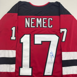 Autographed/Signed Simon Nemec New Jersey NJ Red Hockey Jersey JSA COA (ONLINE ORDER ONLY)