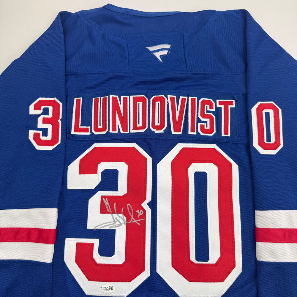 Autographed/Signed Henrik Lundqvist New York Blue Hockey Jersey JSA COA (ONLINE ORDER ONLY)