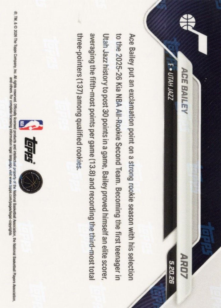 2025 Topps Now Ace Bailey #AR07 Gold Foil /50 2025-26 KIA NBA All Rookie Second Team Selection Utah Jazz Rookie RC Basketball Card (ONLINE ORDER ONLY)