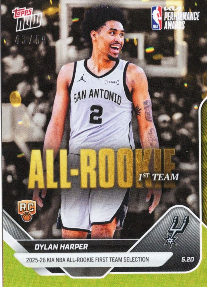 2025 Topps Now Dylan Harper #AR04 Gold Foil /50 2025-26 KIA NBA All Rookie First Team Selection San Antonio Spurs Rookie RC Basketball Card (ONLINE ORDER ONLY)