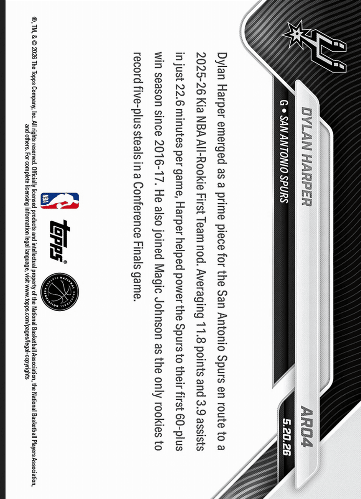 2025 Topps Now Dylan Harper #AR04 Gold Foil /50 2025-26 KIA NBA All Rookie First Team Selection San Antonio Spurs Rookie RC Basketball Card (ONLINE ORDER ONLY)