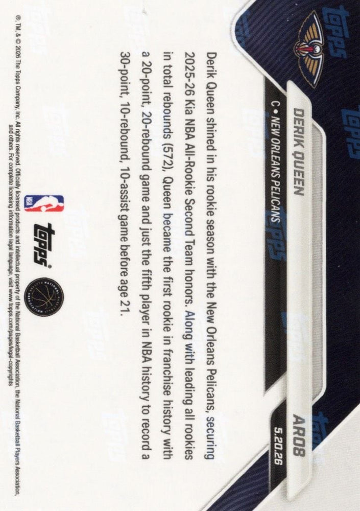 2025 Topps Now Derik Queen #AR08 Orange Foil /50 2025-26 KIA NBA All Rookie Second Team Selection New Orleans Pelicans Rookie RC Basketball Card (ONLINE ORDER ONLY)