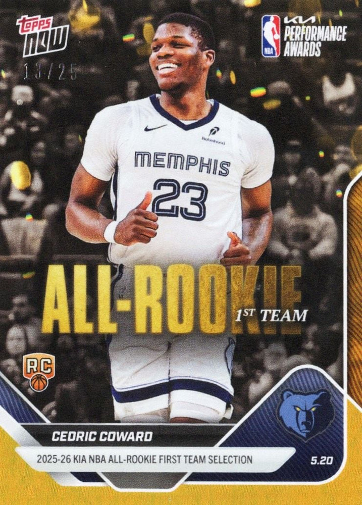 2025 Topps Now Cedric Coward #AR05 Orange Foil /25 2025-26 KIA NBA All Rookie First Team Selection Memphis Grizzlies Rookie RC Basketball Card (ONLINE ORDER ONLY)