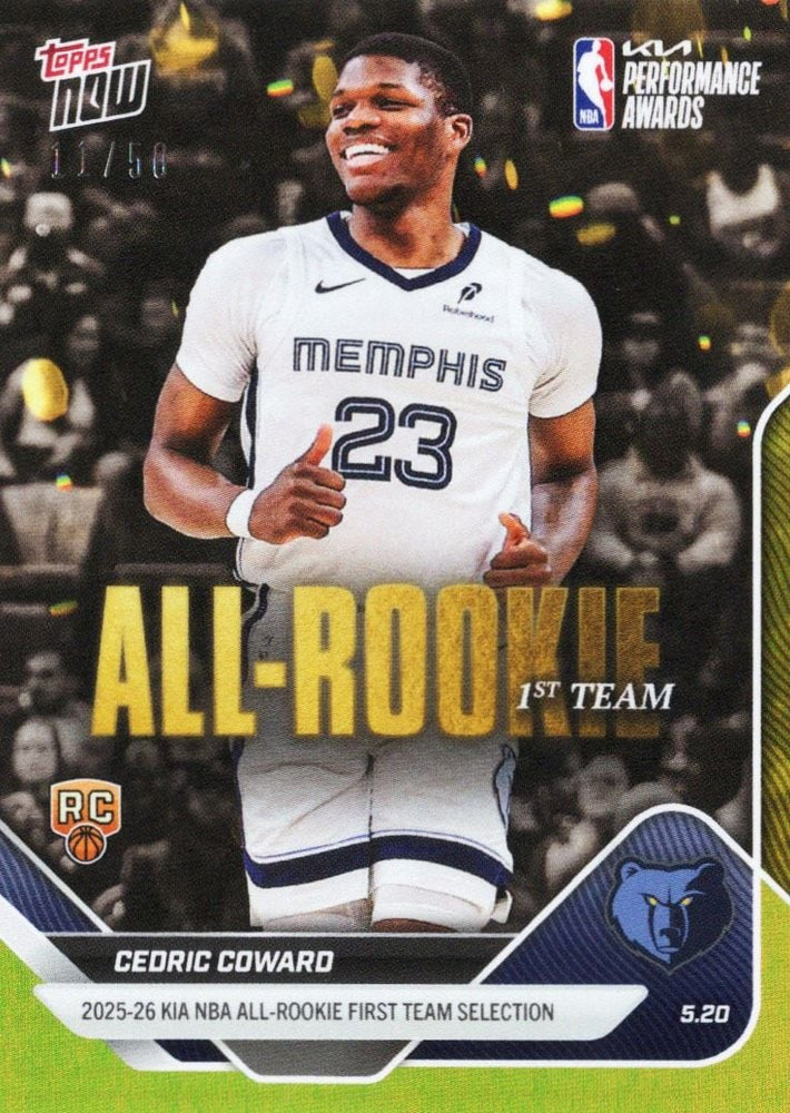 2025 Topps Now Cedric Coward #AR05 Gold Foil /50 2025-26 KIA NBA All Rookie First Team Selection Memphis Grizzlies Rookie RC Basketball Card (ONLINE ORDER ONLY)