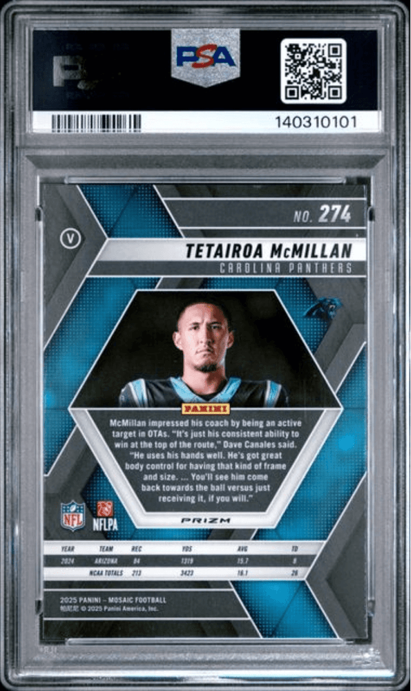 Graded 2025 Panini Mosaic Tetairoa McMillan #274 Mosaic Rookie RC Football Card PSA 10 Gem Mint (ONLINE ORDER ONLY)