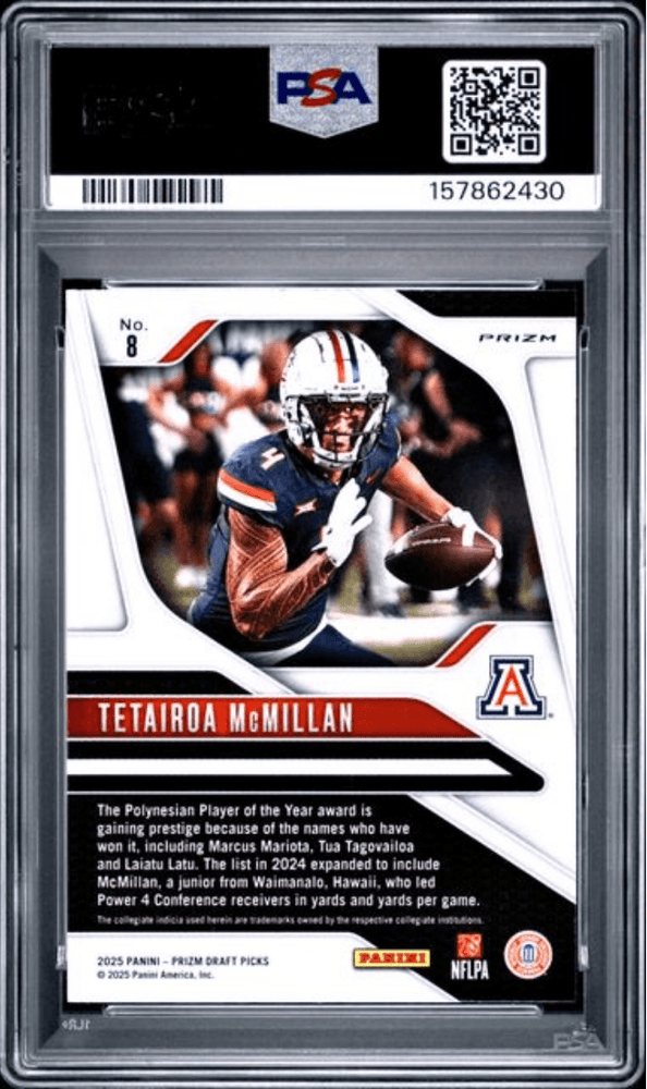 Graded 2025 Panini Prizm Draft Picks Tetairoa McMillan #8 Gold Ice Rookie RC Football Card PSA 10 Gem Mint (ONLINE ORDER ONLY)