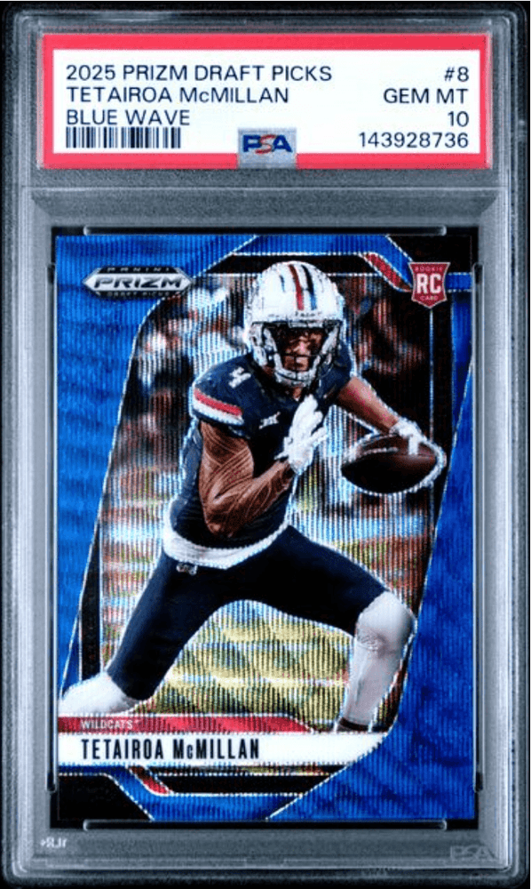 Graded 2025 Panini Prizm Draft Picks Tetairoa McMillan #8 Blue Wave /299 Rookie RC Football Card PSA 10 Gem Mint (ONLINE ORDER ONLY)