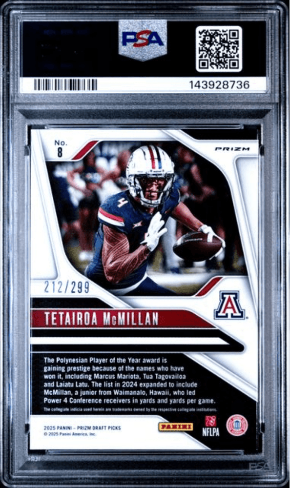 Graded 2025 Panini Prizm Draft Picks Tetairoa McMillan #8 Blue Wave /299 Rookie RC Football Card PSA 10 Gem Mint (ONLINE ORDER ONLY)