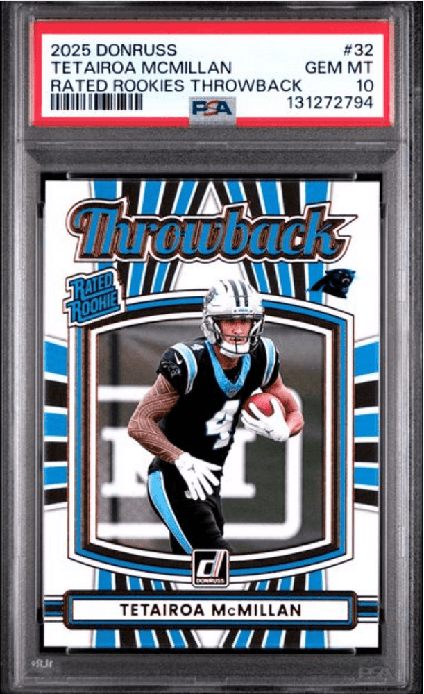 Graded 2025 Panini Donruss Tetairoa McMillan #32 Rated Rookies Throwback Rookie RC Football Card PSA 10 Gem Mint (ONLINE ORDER ONLY)