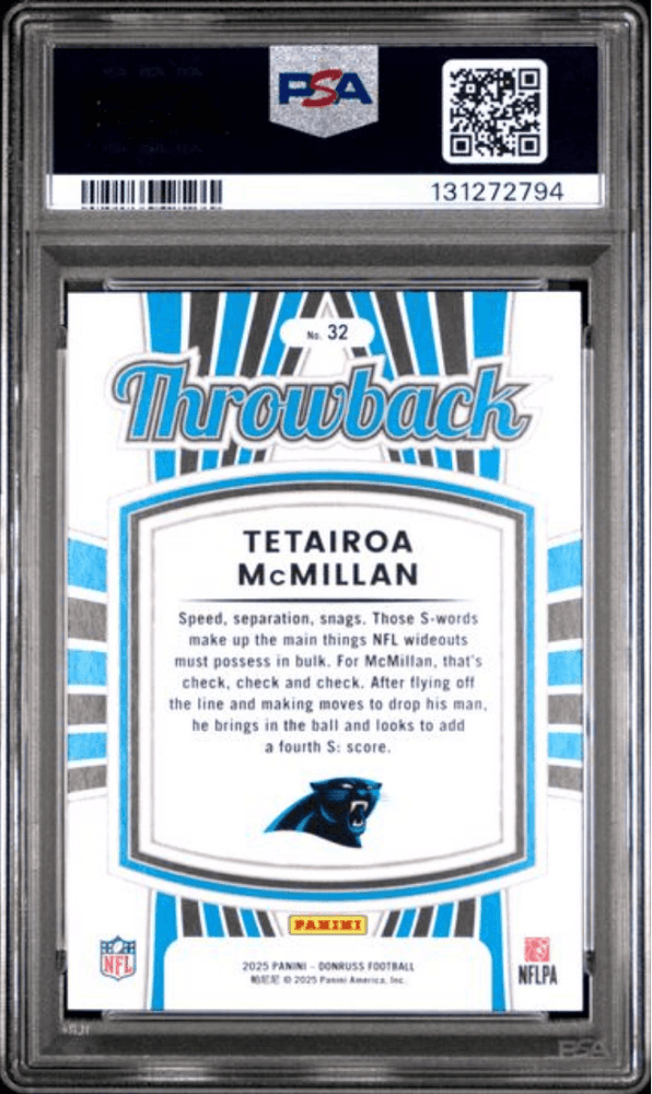 Graded 2025 Panini Donruss Tetairoa McMillan #32 Rated Rookies Throwback Rookie RC Football Card PSA 10 Gem Mint (ONLINE ORDER ONLY)