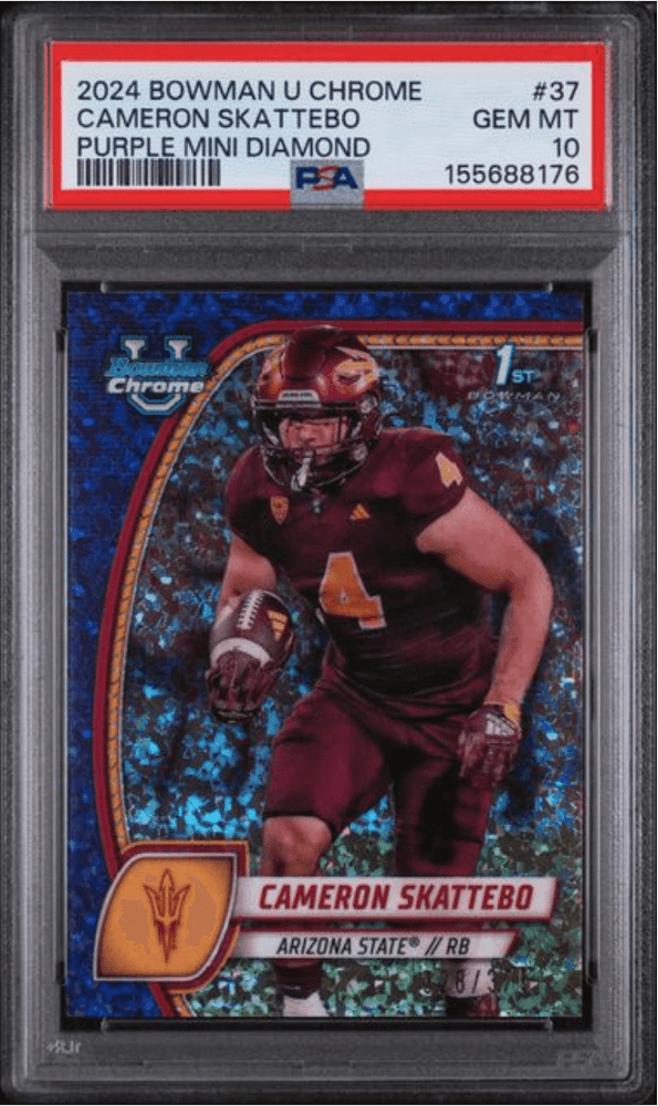 Graded 2024 Topps Bowman U Chrome Cam Skattebo #37 Purple Mini Diamond /375 Rookie RC Football Card PSA 10 Gem Mint (ONLINE ORDER ONLY)