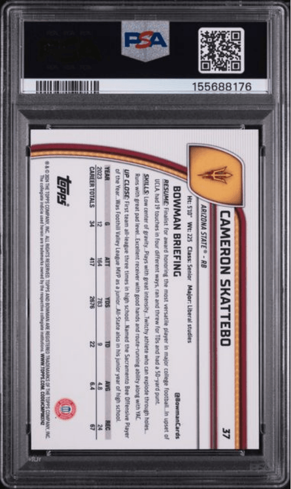Graded 2024 Topps Bowman U Chrome Cam Skattebo #37 Purple Mini Diamond /375 Rookie RC Football Card PSA 10 Gem Mint (ONLINE ORDER ONLY)