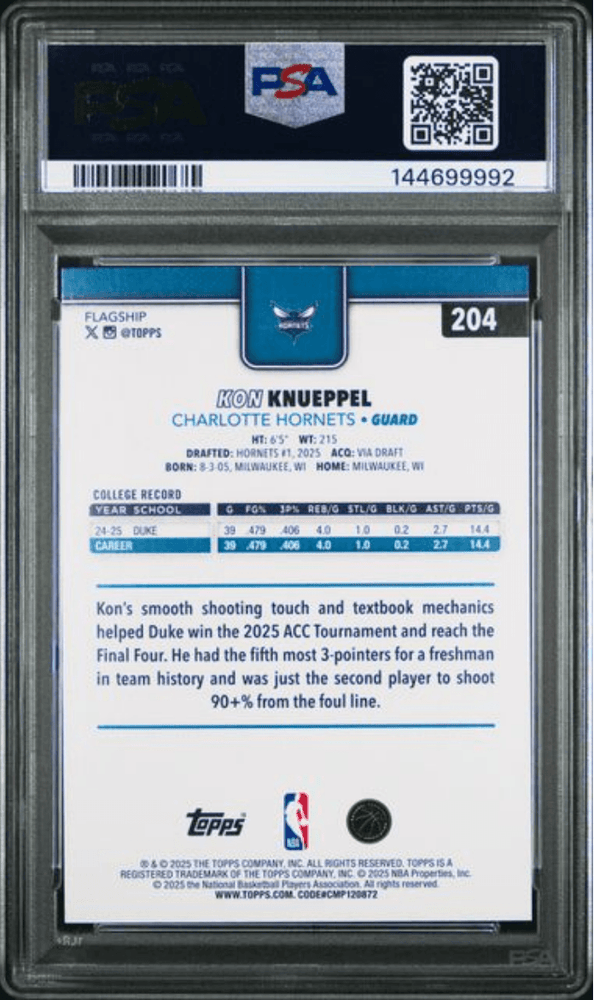 Graded 2025 Topps Kon Knueppel #204 Rookie RC Basketball Card PSA 10 Gem Mint (ONLINE ORDER ONLY)