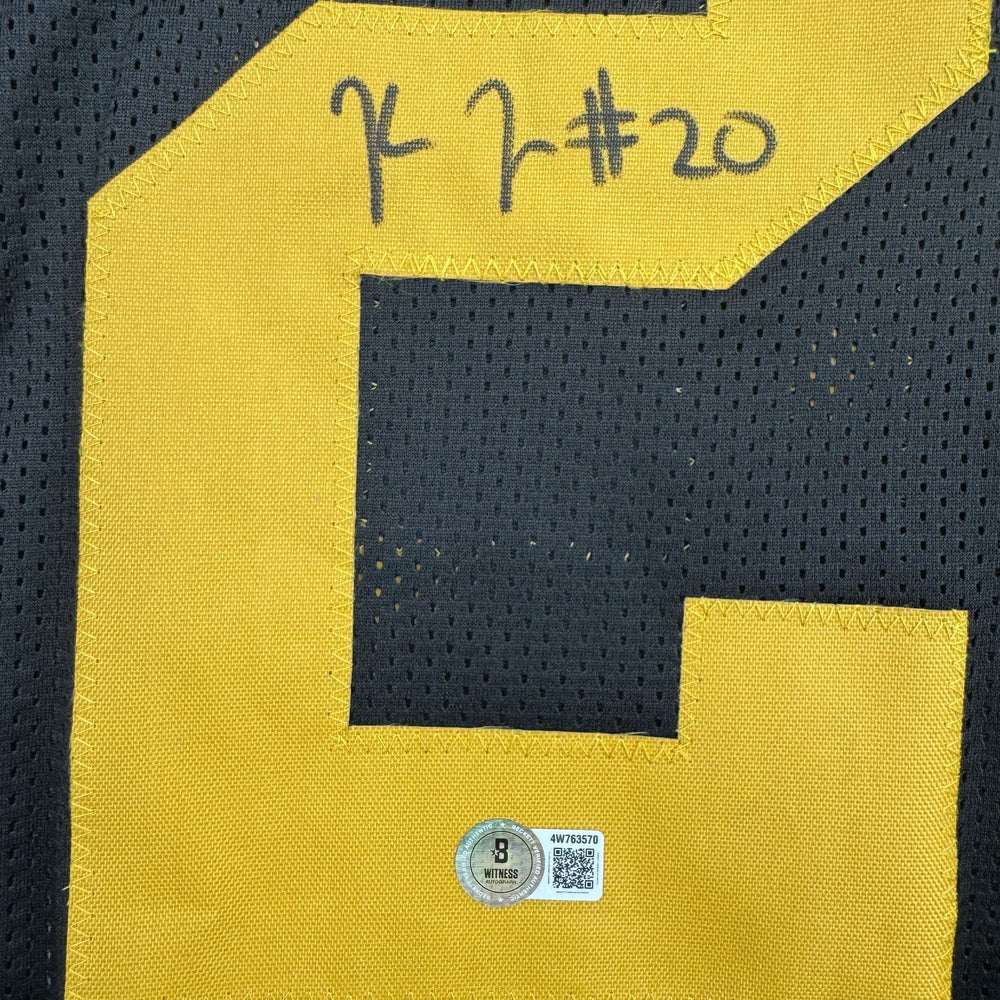 Autographed/Signed Kaleb Johnson Pittsburgh Black Color Rush Football Jersey Beckett BAS COA (ONLINE ORDER ONLY)