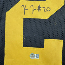 Autographed/Signed Kaleb Johnson Pittsburgh Black Color Rush Football Jersey Beckett BAS COA (ONLINE ORDER ONLY)