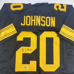 Autographed/Signed Kaleb Johnson Pittsburgh Black Color Rush Football Jersey Beckett BAS COA (ONLINE ORDER ONLY)