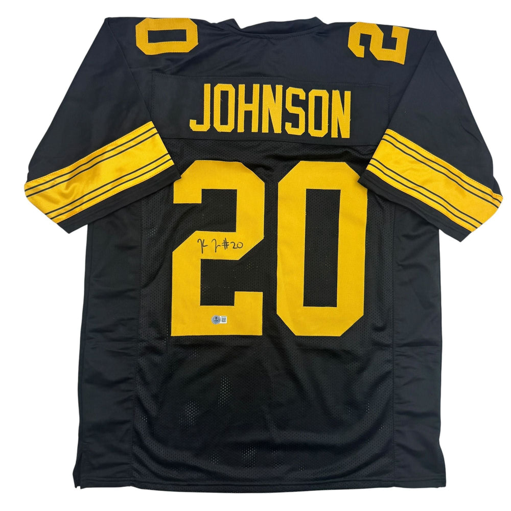 Autographed/Signed Kaleb Johnson Pittsburgh Black Color Rush Football Jersey Beckett BAS COA (ONLINE ORDER ONLY)