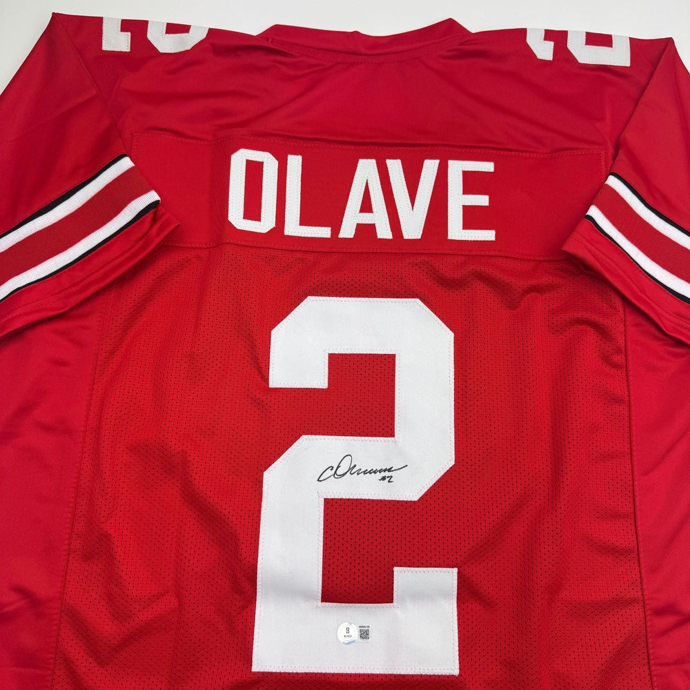 Autographed/Signed Chris Olave Ohio State Red College Football Jersey Beckett BAS COA (ONLINE ORDER ONLY)
