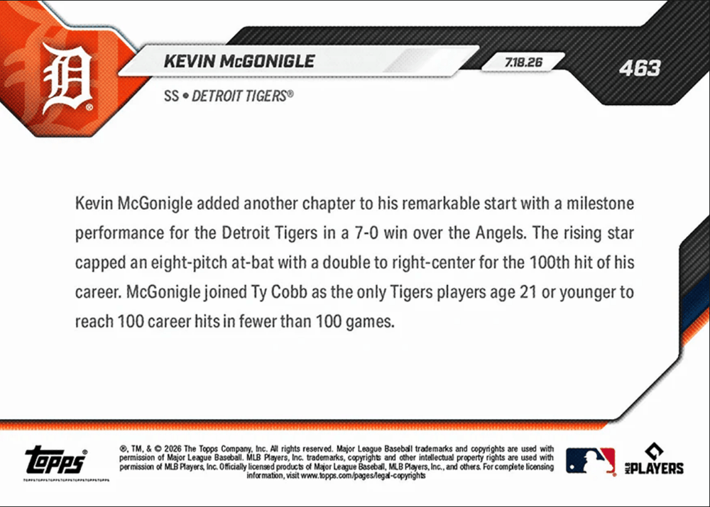 2026 Topps Now Kevin McGonigle #463 Joins Ty Cobb with 100 Career Hits Under 100 Games Detroit Tigers Rookie RC Baseball Card (ONLINE ORDER ONLY)