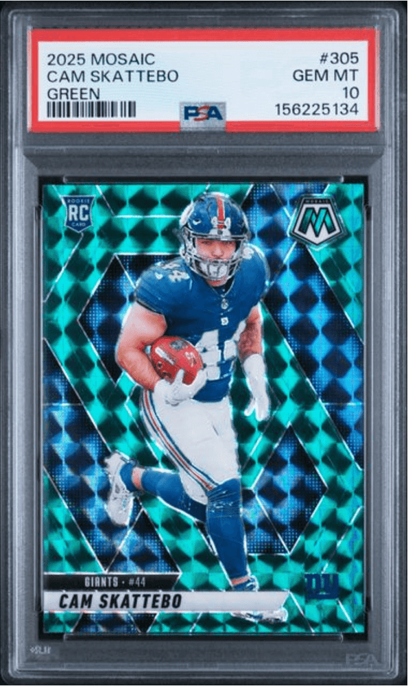 Graded 2025 Panini Mosaic Cam Skattebo #305 Green Rookie RC Football Card PSA 10 Gem Mint (ONLINE ORDER ONLY)
