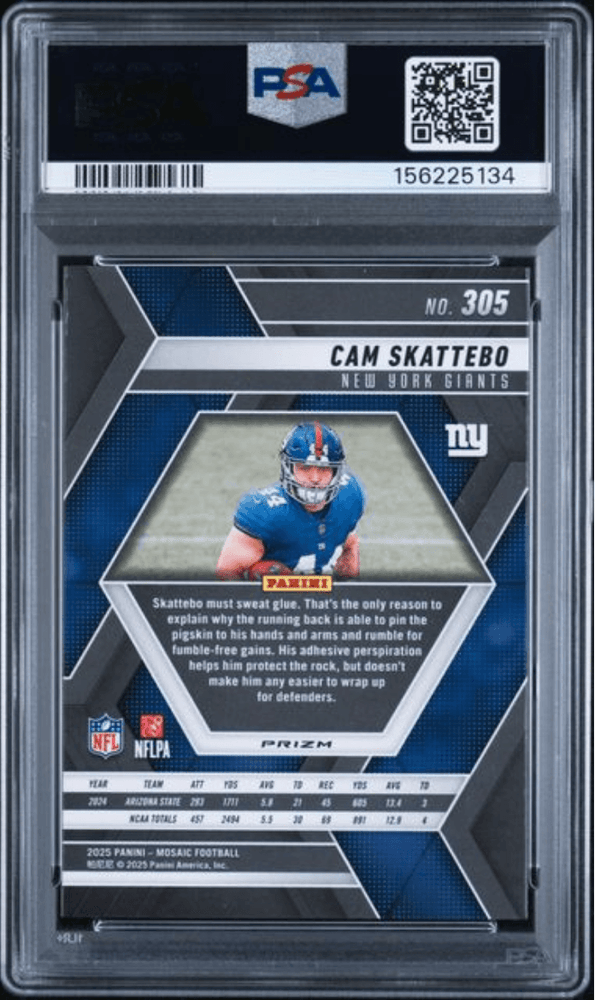 Graded 2025 Panini Mosaic Cam Skattebo #305 Green Rookie RC Football Card PSA 10 Gem Mint (ONLINE ORDER ONLY)