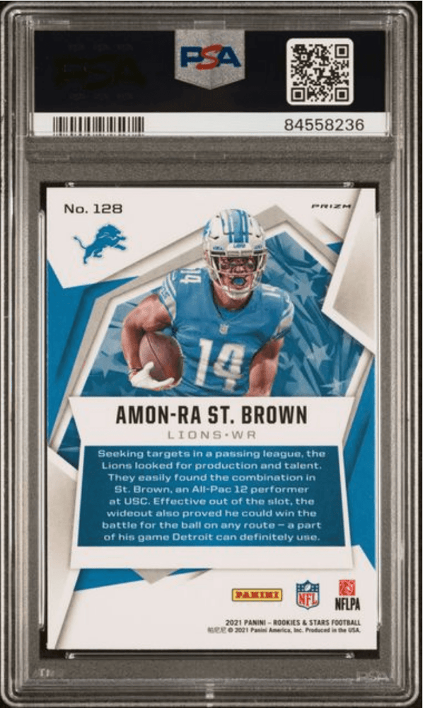 Graded 2021 Panini Rookies & Stars Amon-Ra St. Brown #128 Red Pulsar Prizm Rookie RC Football Card PSA 10 Gem Mint (ONLINE ORDER ONLY)