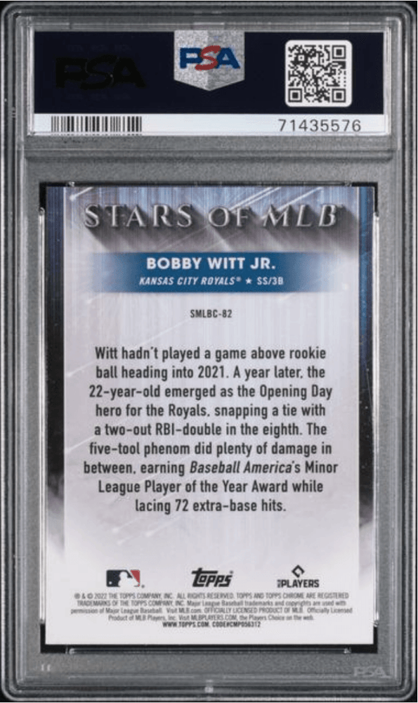 Graded 2022 Topps Bobby Witt Jr #SMLBC82 Stars of MLB Update Chrome Rookie RC Baseball Card PSA 10 Gem Mint (ONLINE ORDER ONLY)