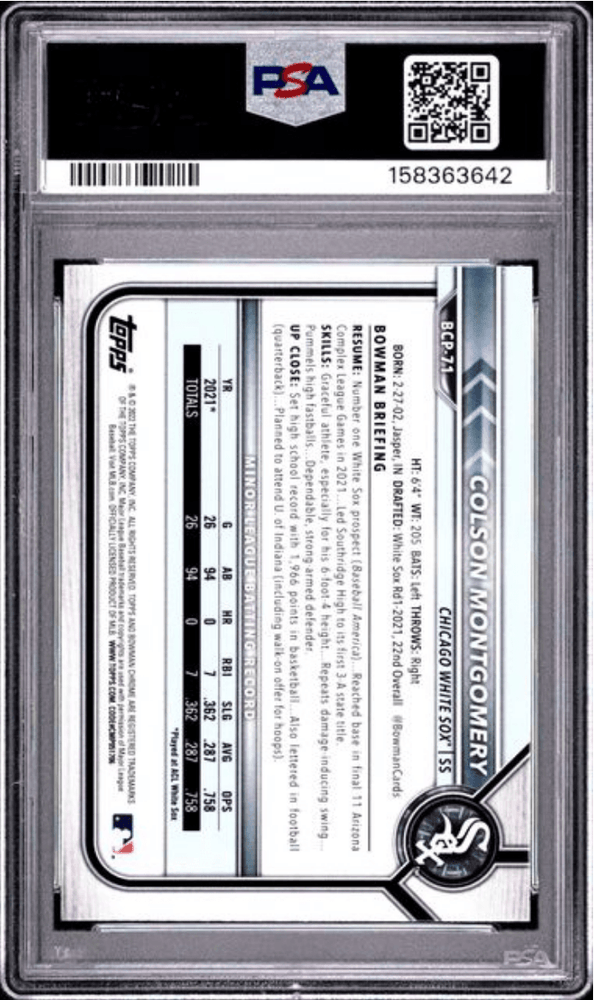 Graded 2022 Topps Bowman Colson Montgomery #BCP71 Chrome Prospects Atomic Refractor Rookie RC Baseball Card PSA 10 Gem Mint (ONLINE ORDER ONLY)
