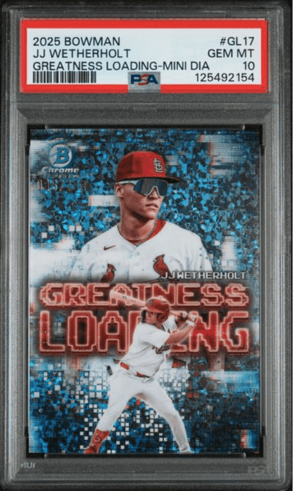 Graded 2025 Topps Bowman JJ Wetherholt #GL17 Greatness Loading Mini Diamond /150 Rookie RC Baseball Card PSA 10 Gem Mint (ONLINE ORDER ONLY)