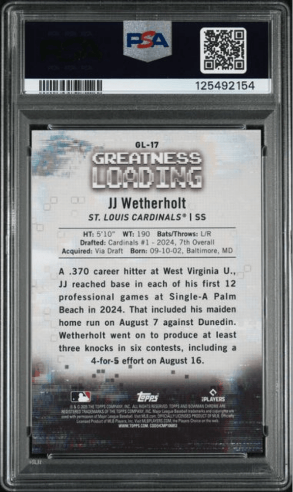 Graded 2025 Topps Bowman JJ Wetherholt #GL17 Greatness Loading Mini Diamond /150 Rookie RC Baseball Card PSA 10 Gem Mint (ONLINE ORDER ONLY)