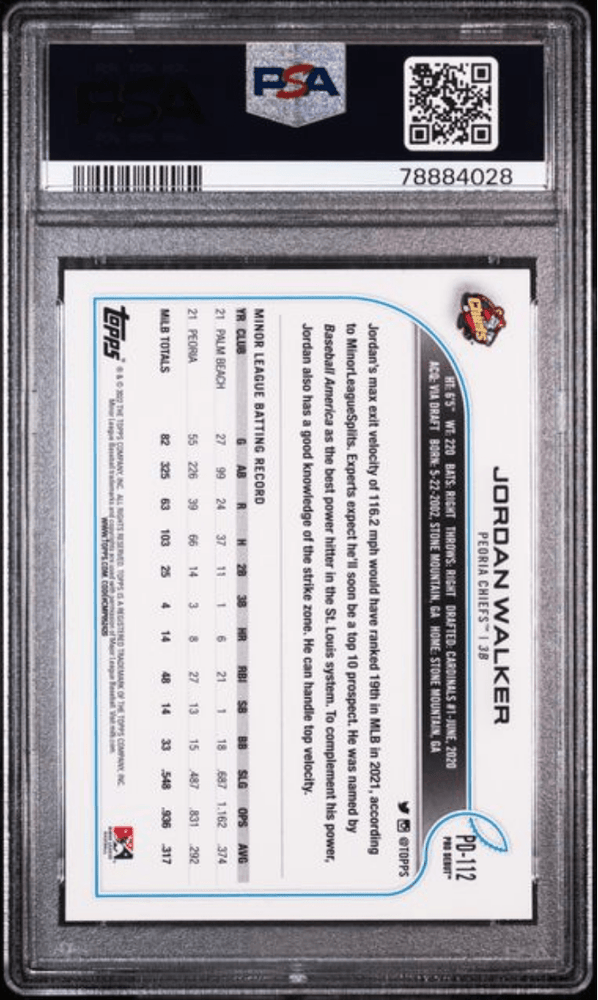 Graded 2022 Topps Pro Debut Jordan Walker #PD112 Rookie RC Baseball Card PSA 10 Gem Mint (ONLINE ORDER ONLY)