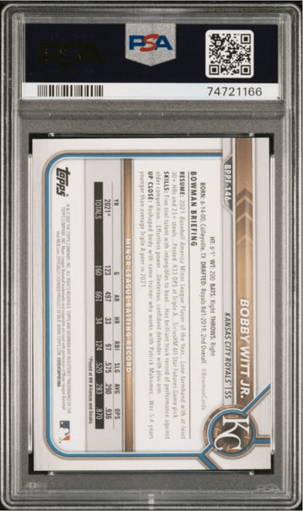 Graded 2022 Topps Bowman 1st Edition Bobby Witt Jr #BPPF146 Rookie RC Baseball Card PSA 10 Gem Mint (ONLINE ORDER ONLY)