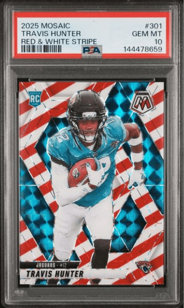 Graded 2025 Panini Mosaic Travis Hunter #301 Red & White Stripe Rookie RC Football Card PSA 10 Gem Mint (ONLINE ORDER ONLY)