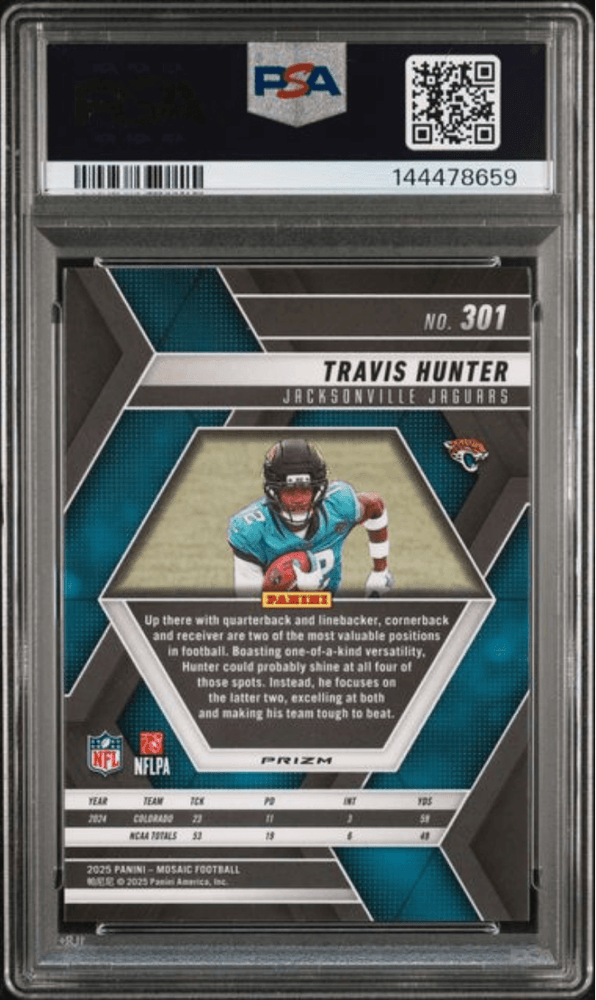 Graded 2025 Panini Mosaic Travis Hunter #301 Red & White Stripe Rookie RC Football Card PSA 10 Gem Mint (ONLINE ORDER ONLY)