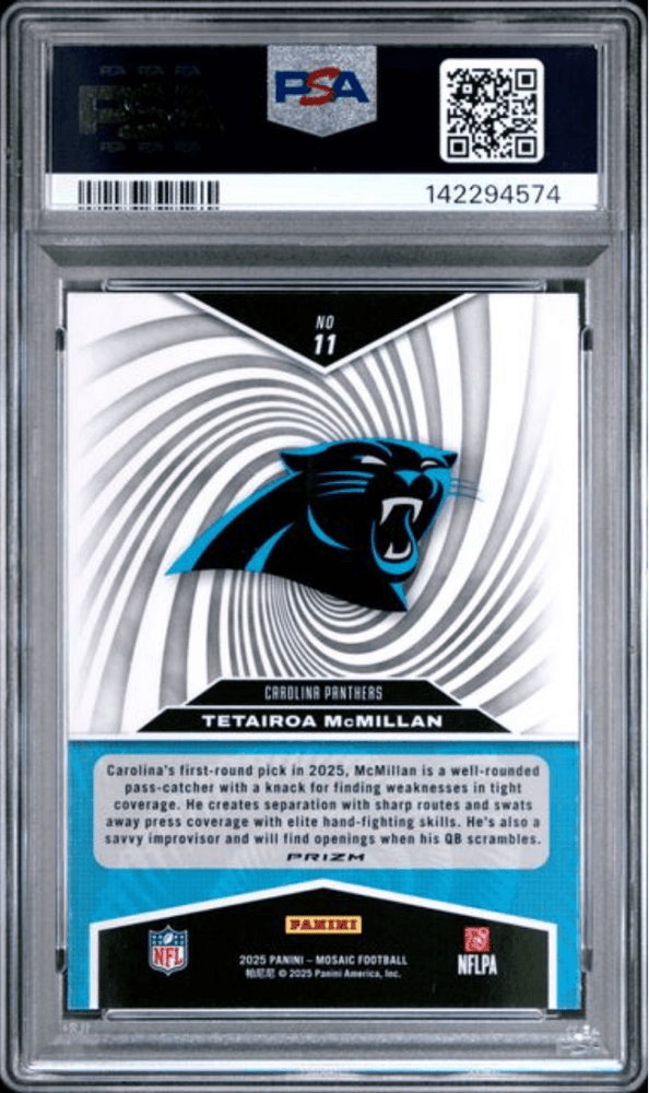 Graded 2025 Panini Mosaic Tetairoa McMillan #11 Storm Mosaic Rookie RC Football Card PSA 10 Gem Mint (ONLINE ORDER ONLY)