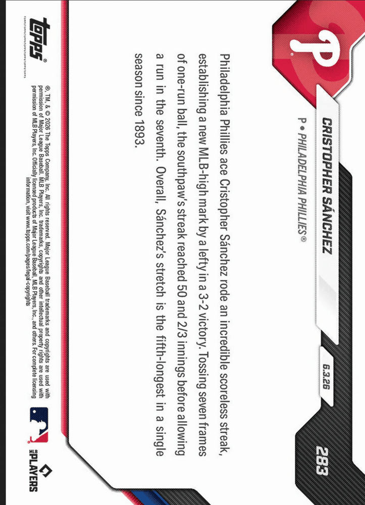 2026 Topps Now Cristopher Sanchez #283 Black Foil /10 Philadelphia Phillies Baseball Card (ONLINE ORDER ONLY)