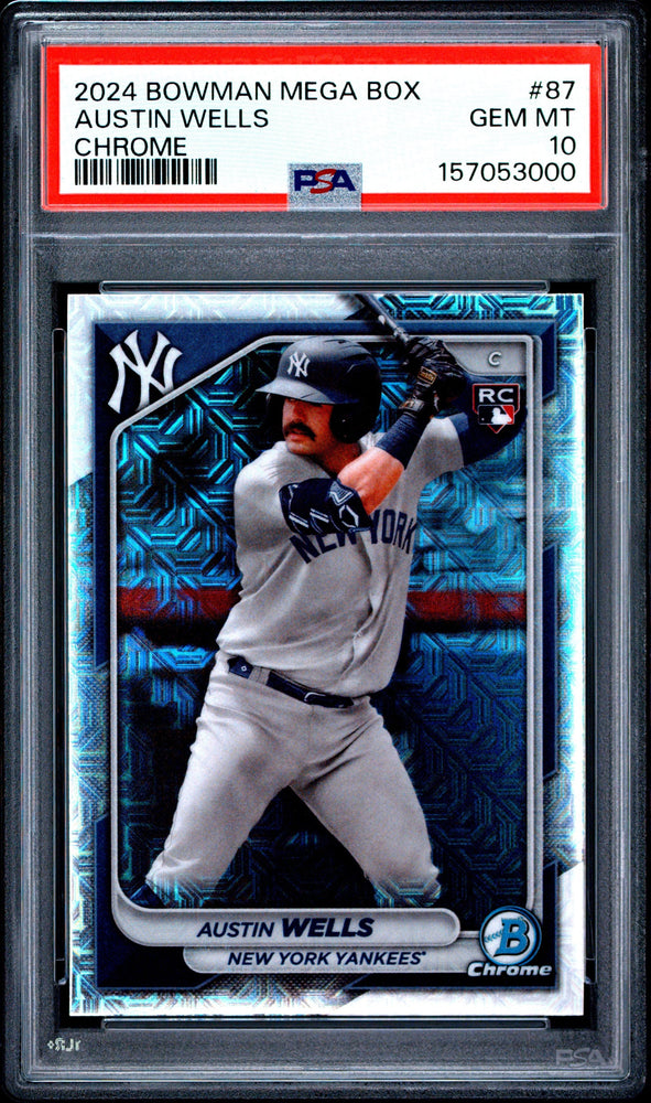 Graded 2024 Bowman Austin Wells #87 Mega Box Chrome Prospects Rookie RC Baseball Card PSA 10 Gem Mint (ONLINE ORDER ONLY)