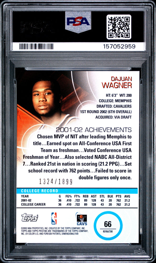 Graded 2002 Topps Pristine Dajuan Wagner #66 Refractors Rookie RC Basketball Card PSA 10 Gem Mint (ONLINE ORDER ONLY)