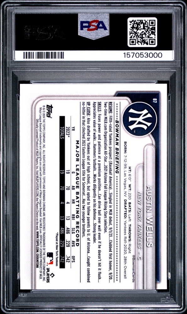 Graded 2024 Bowman Austin Wells #87 Mega Box Chrome Prospects Rookie RC Baseball Card PSA 10 Gem Mint (ONLINE ORDER ONLY)